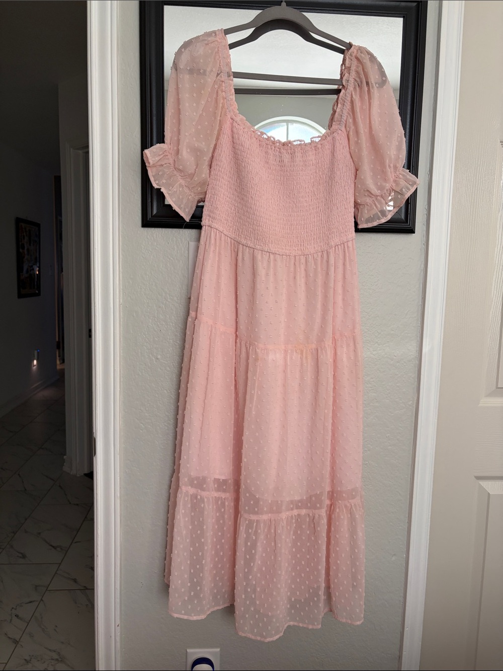 Soft Blush Puff-Sleeve Smocked Midi Dress